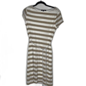 Sharagano Size 8 Dress with Belt White and Brown Striped Lined Rayon Polyester